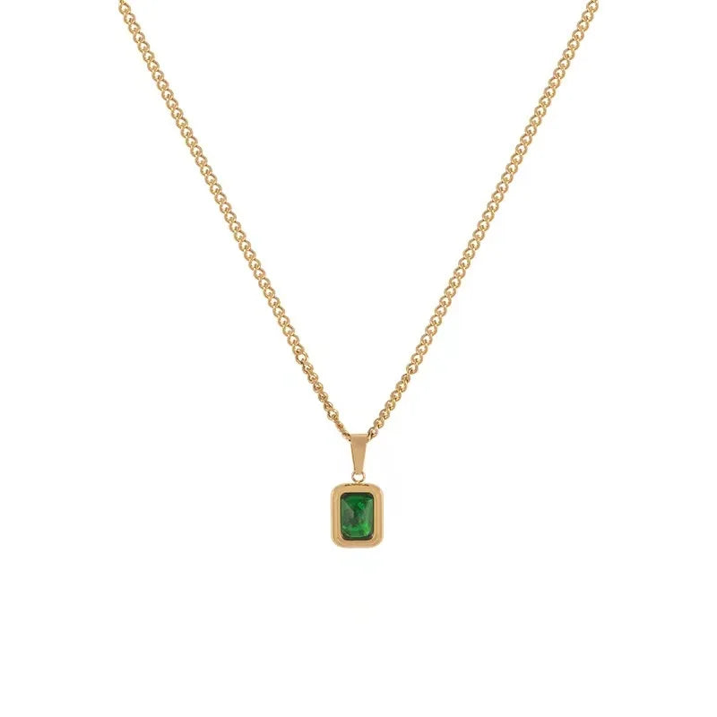 Retro Square Green Zircon Pendant Necklace