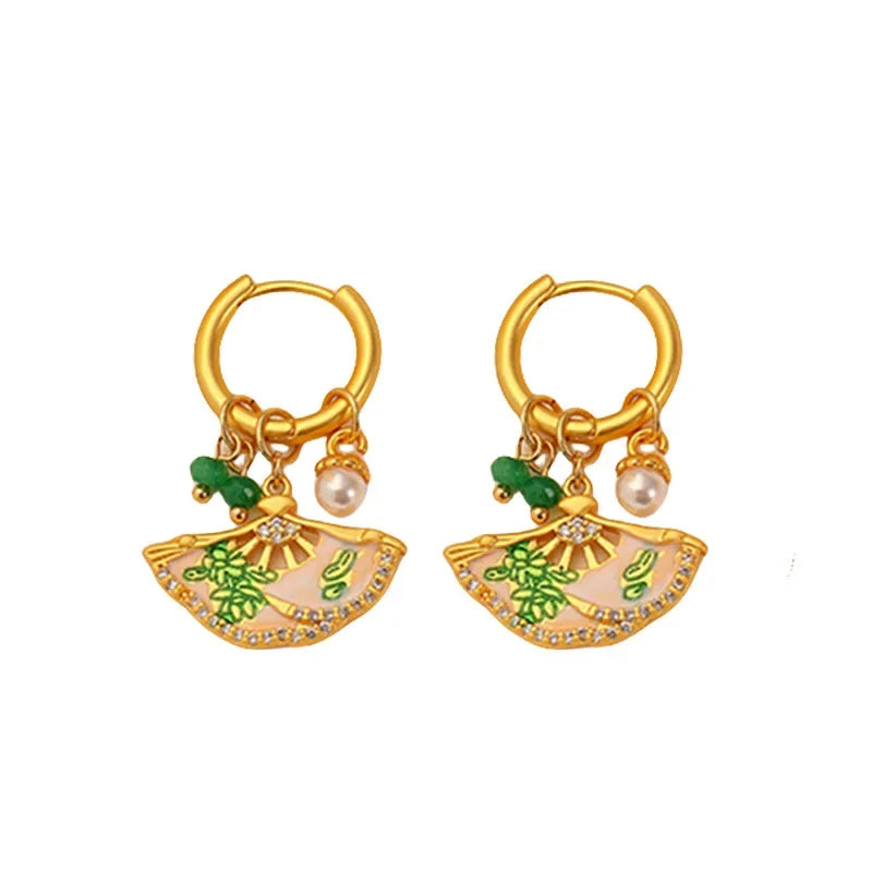 Vintage Round Buckle Fan Shape Drop Earrings