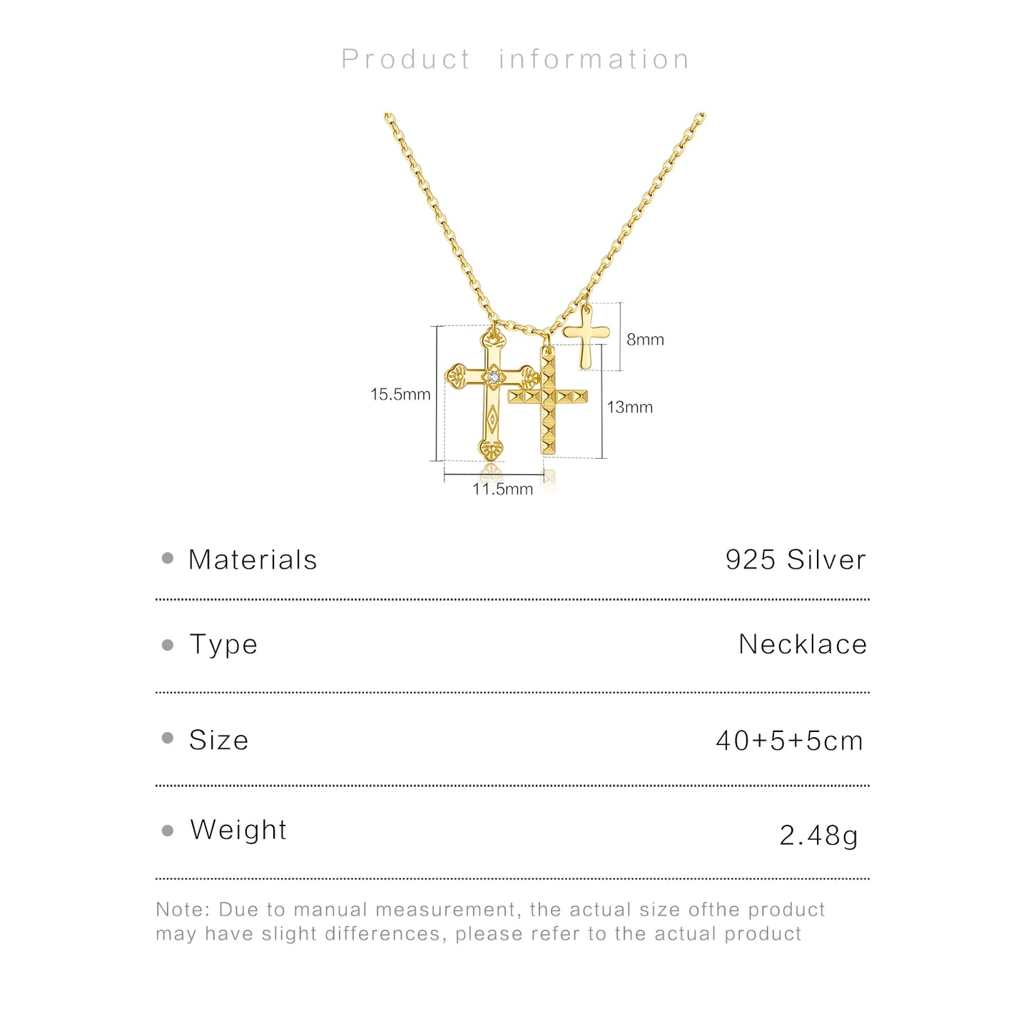 925 Sterling Silver Gold Three Cross Pendant