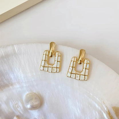 Vintage White Enamel Metal Plaid Geometric Pendant Earrings