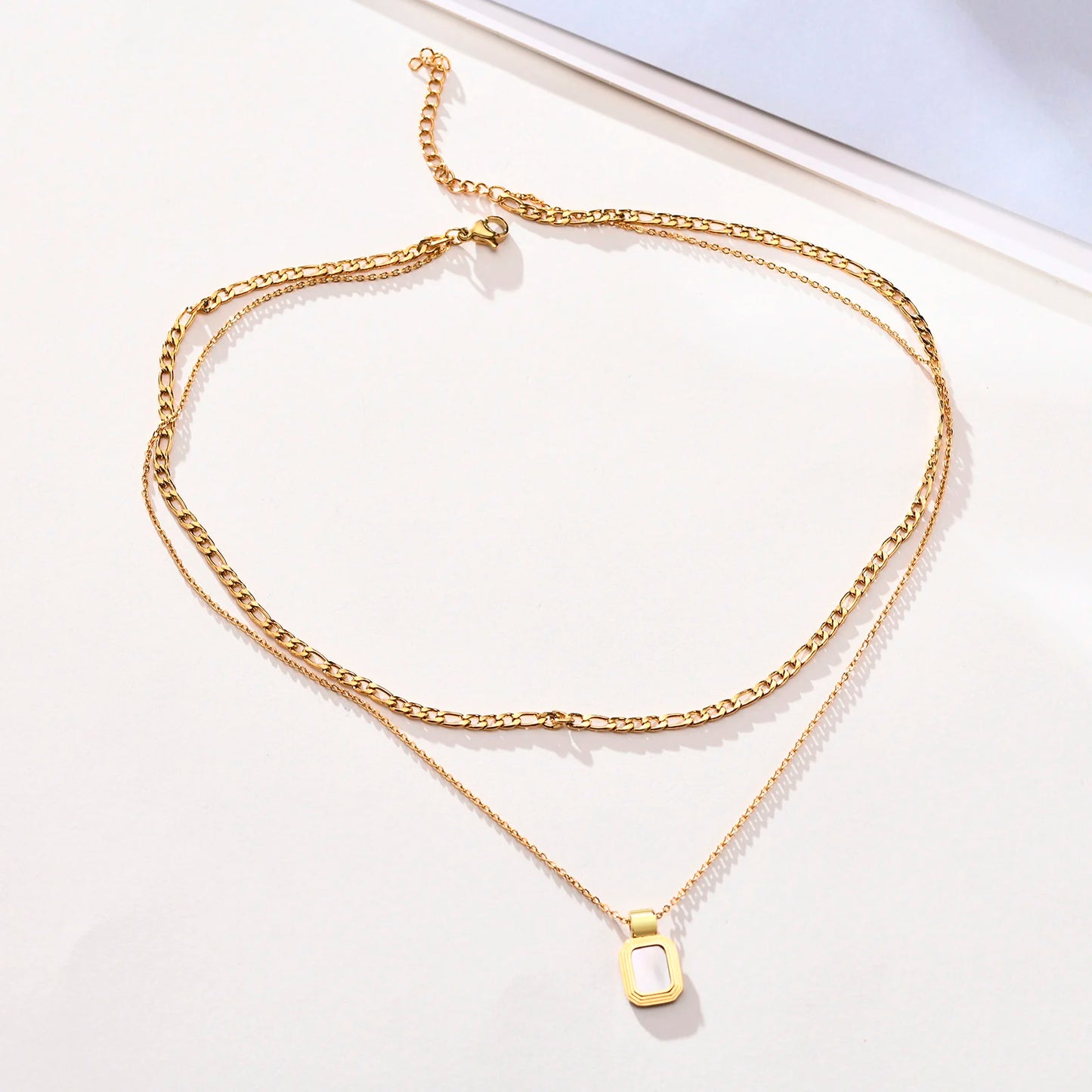 Stainless Steel Layered Square Rectangle Shell Necklace