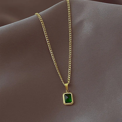 Retro Square Green Zircon Pendant Necklace