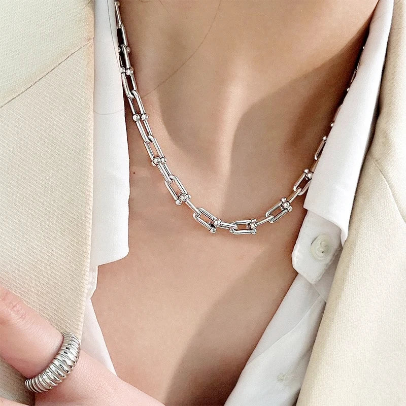 925 Sterling Silver Geometric U-shaped Chain Necklace